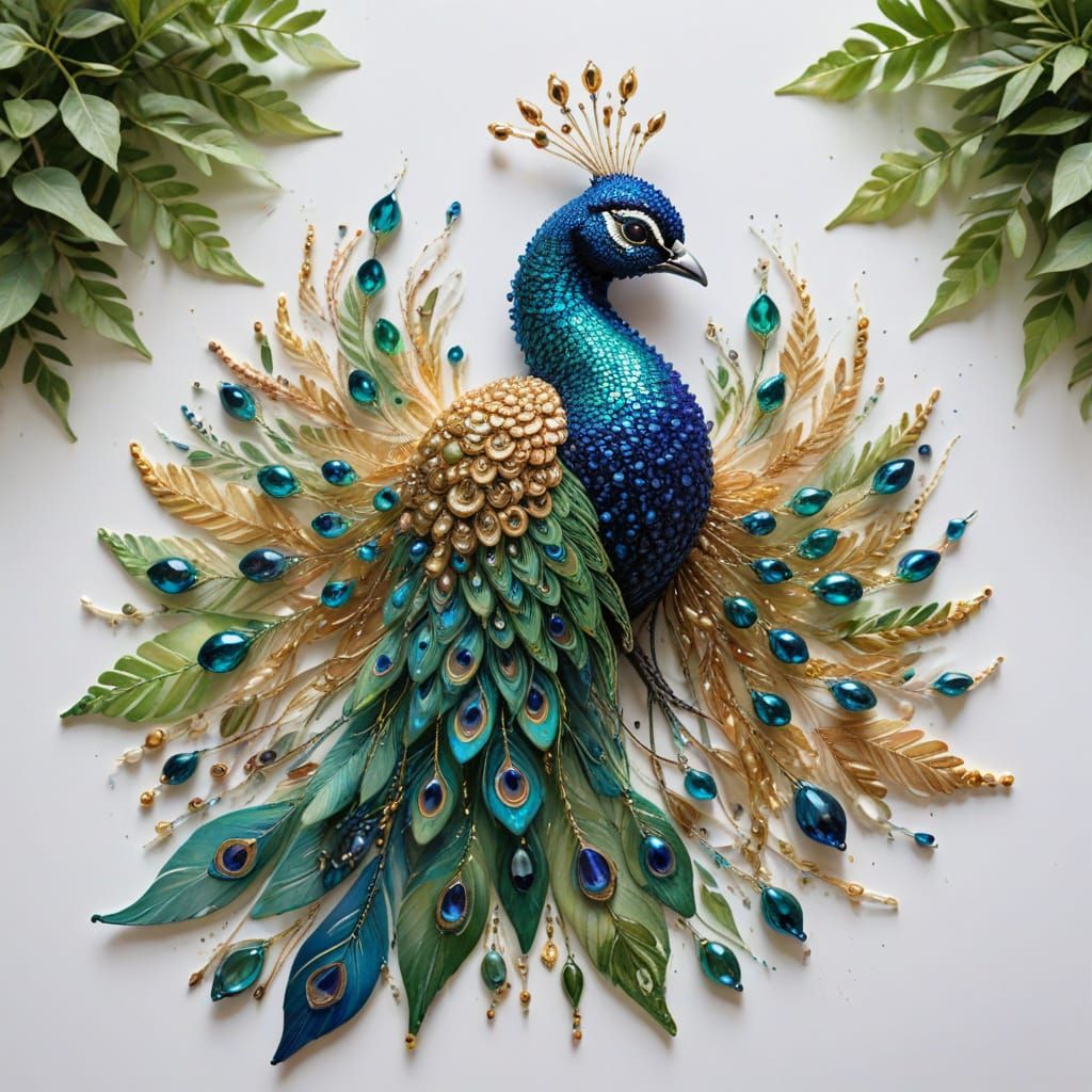 Beaded Peacock Masterpiece in Golden Light
