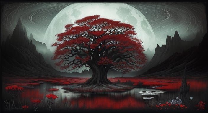 Surreal Oak Tree Under Blood Moon in Charcoal