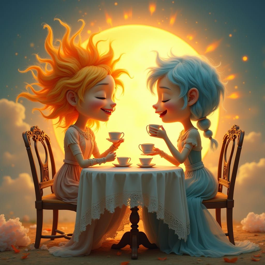 Sun and Moon Share Tea in Whimsical Pixar Style