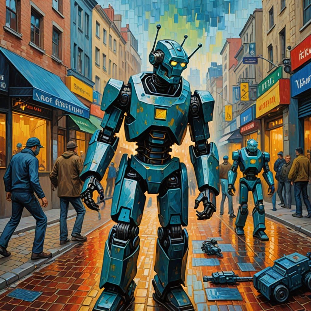 Man Fights Robots in City, Neo-Impressionist Oil Painting