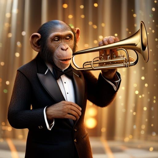 Chimpanzee in Tuxedo Playing Trumpet, 3D Render