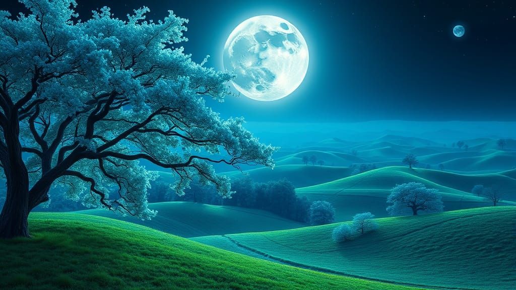 Surreal Landscape with Bioluminescent Moon and Emerald Hills