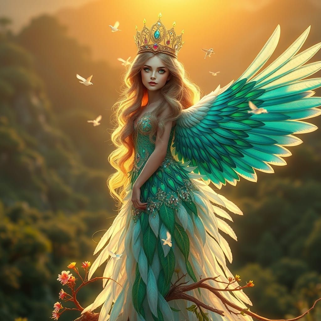 Enchanted Forest Bird Queen in Iridescent Feathers