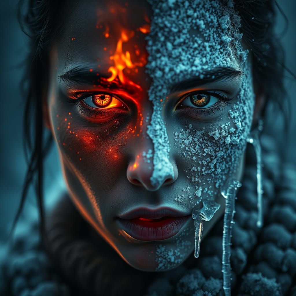 Surreal Fire and Ice Portrait in Cinematic Style