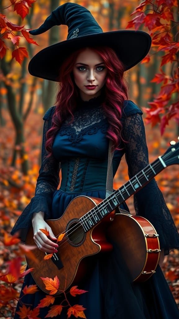 Hedge Witch in Autumn Forest with Drum Set