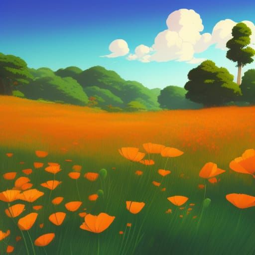 California Poppies Landscape in Studio Ghibli Style