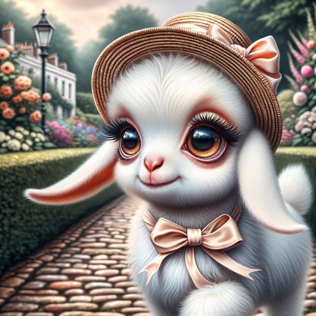 Cute Cartoon Goat in Victorian-Style Garden Setting
