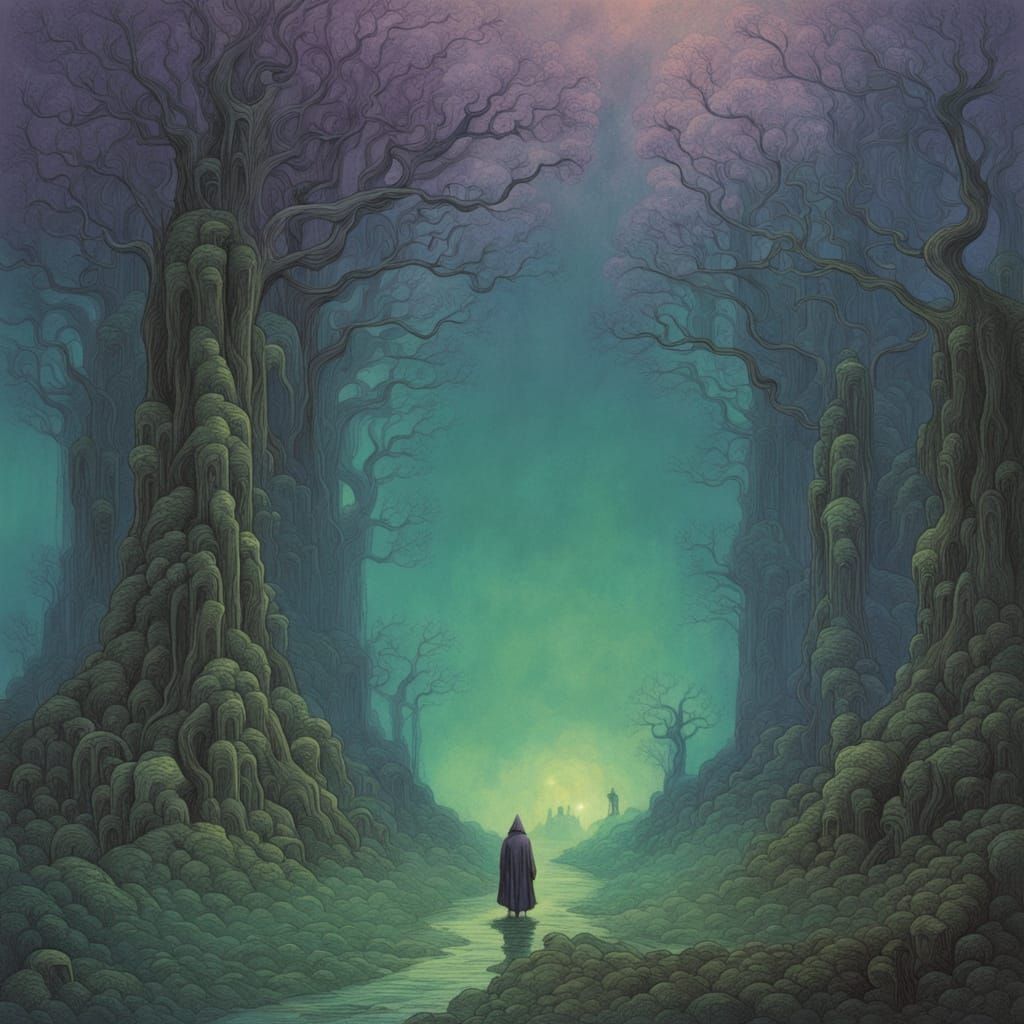 Ethereal City in Ancient Forest: Gothic Art Nouveau