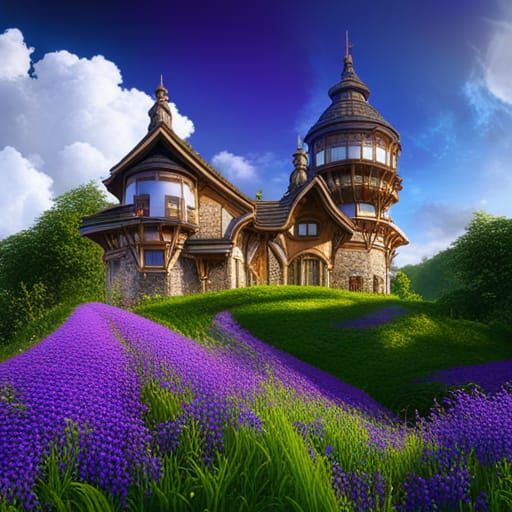 House on Mountain with Purple Flowers, Fantasy Art