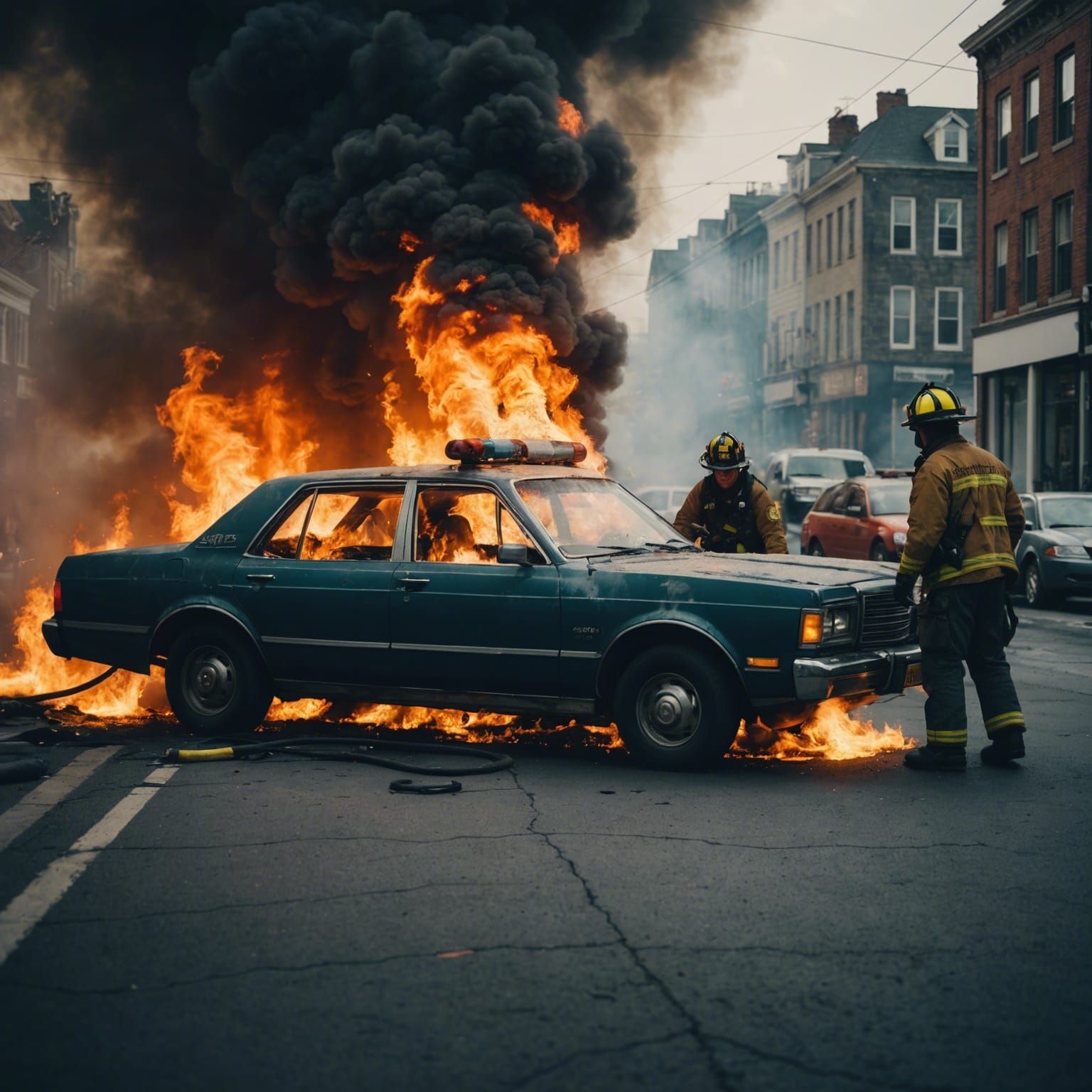 Firemen Extinguishing Car Fire in Cinematic Style