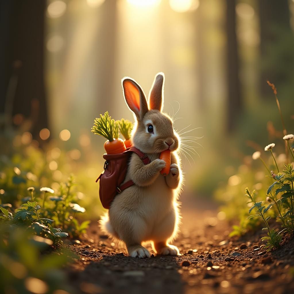 Bunny Backpacking Through Sunny Forest, Eating Carrots
