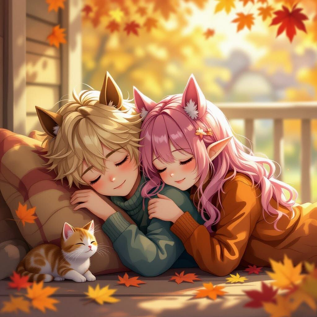 Anime Boy and Girl with Horse Ears Sleeping