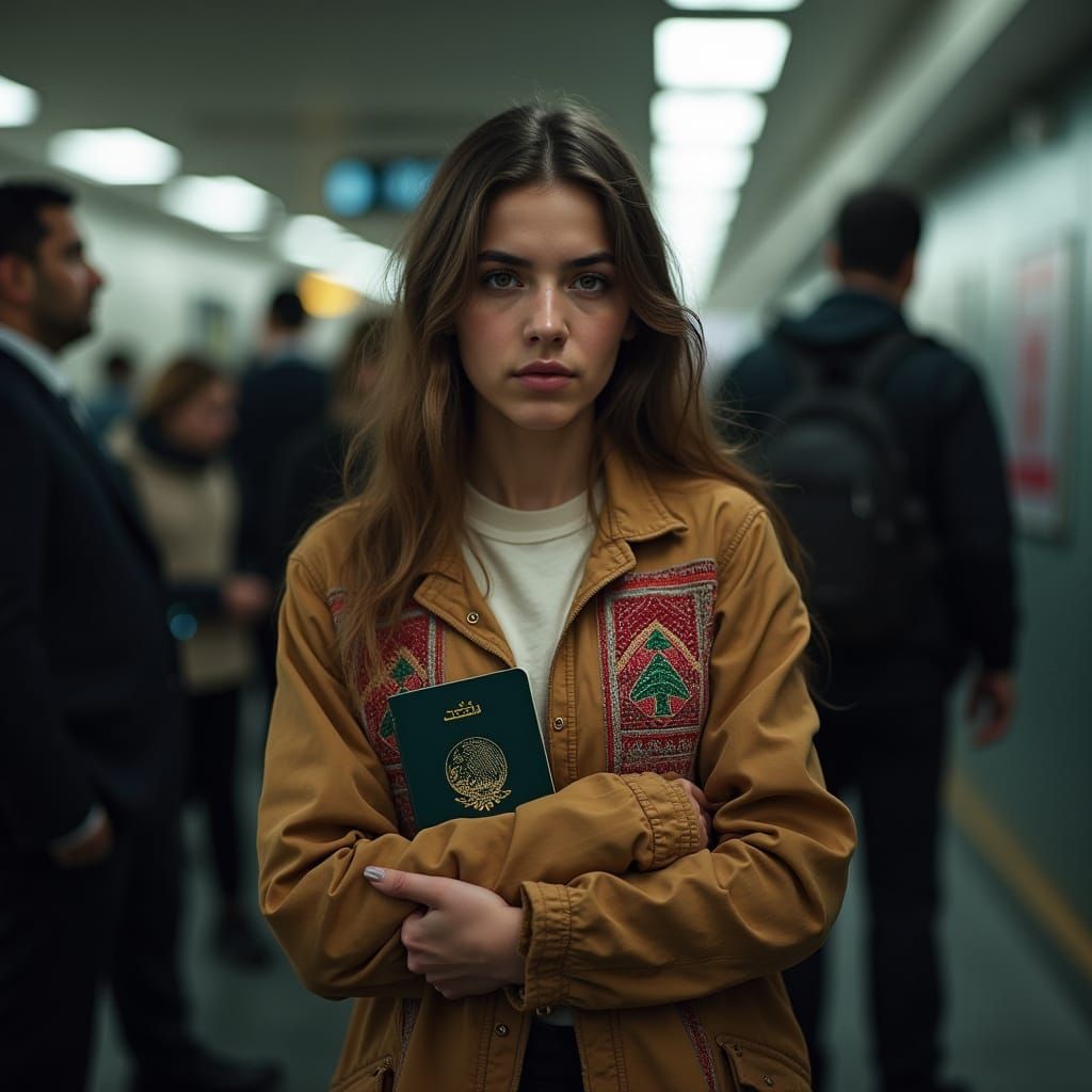 Young Woman at Security Checkpoint in Vibrant Realism
