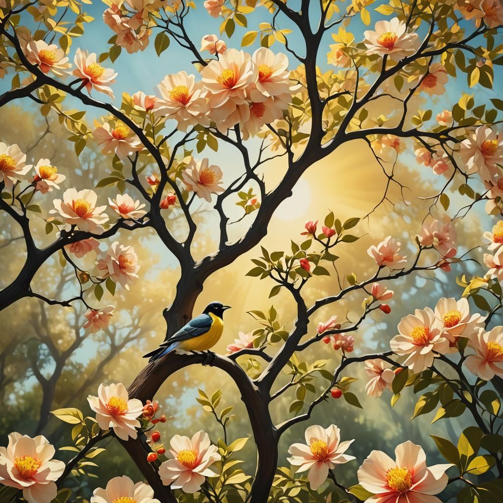 Floral Surrealism: Summer Tree and Bird in O'Keeffe Style