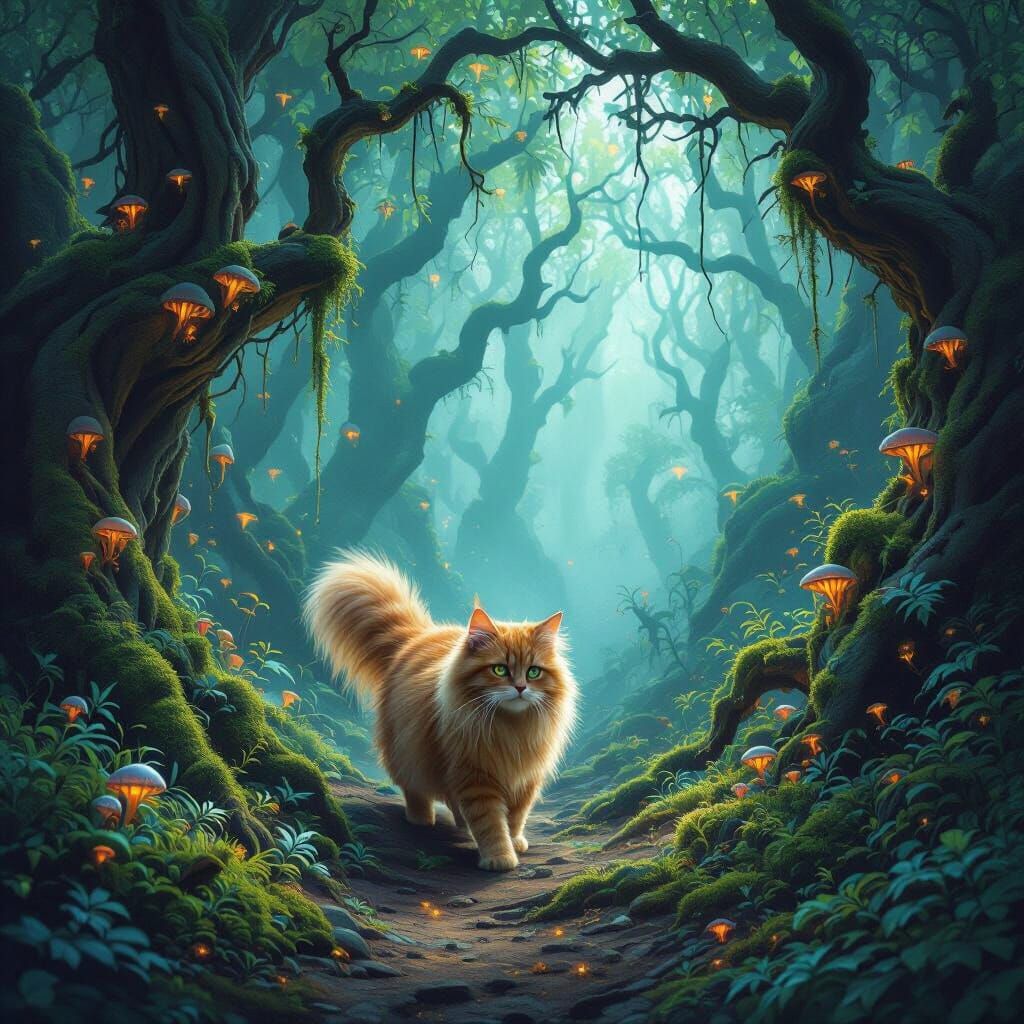 Fluffy Cat in Enchanted Forest Matte Painting