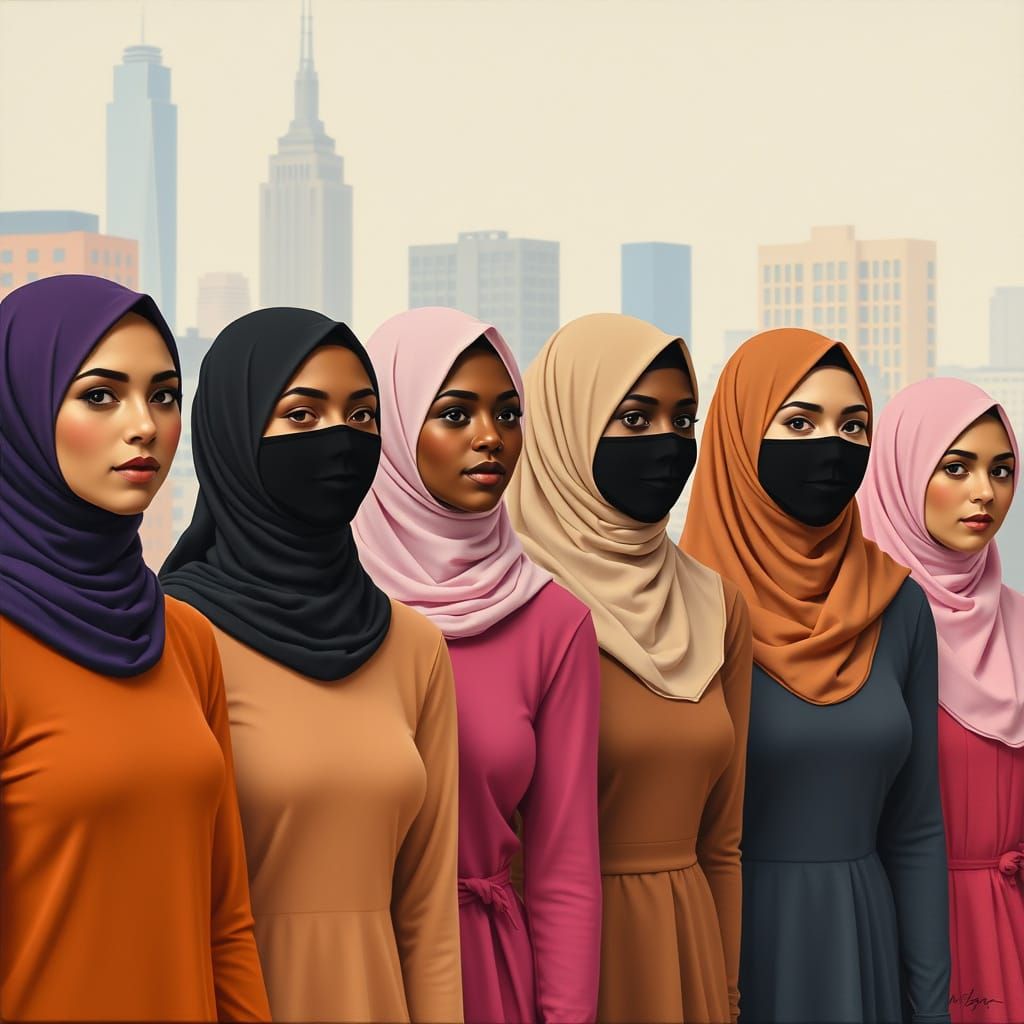 Hijabi Women in Cityscape, Playful Minimalist Portrait