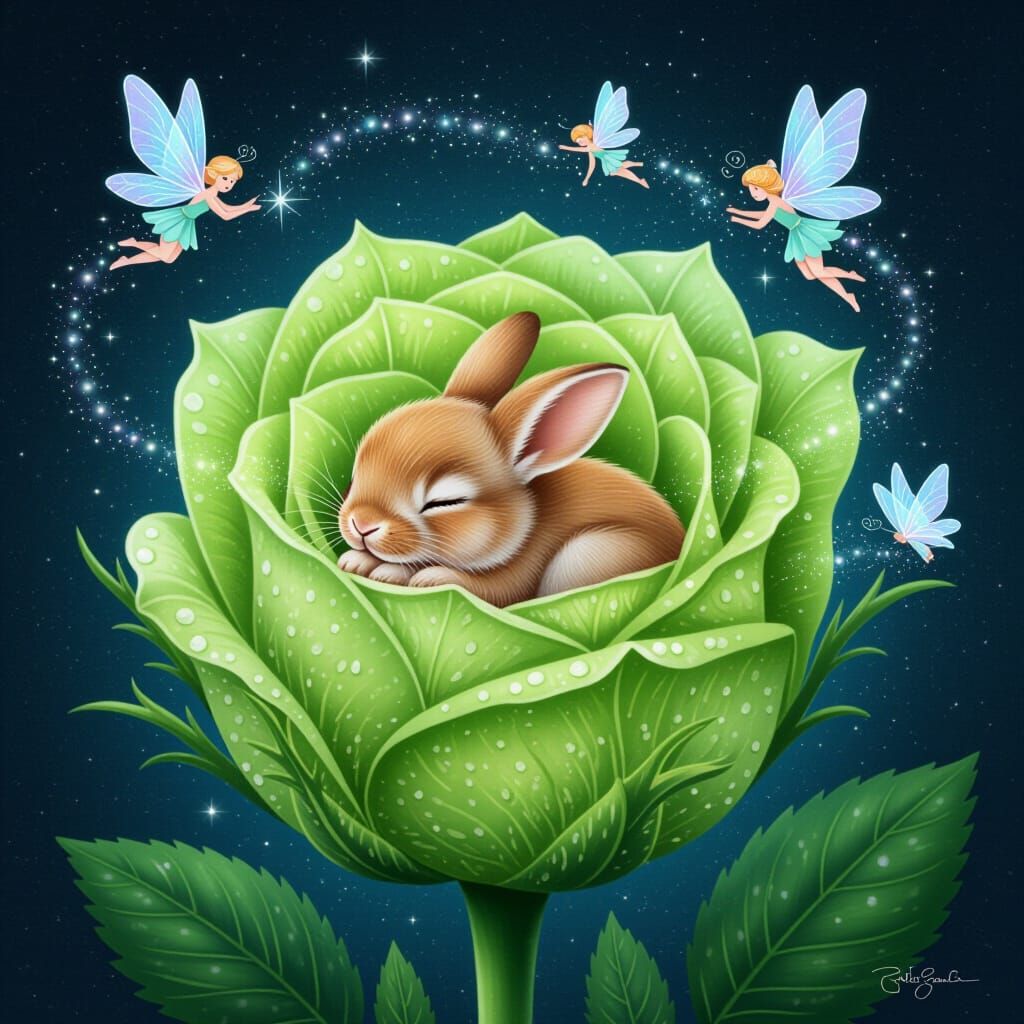 Sleeping Bunny in Giant Rose with Fairies