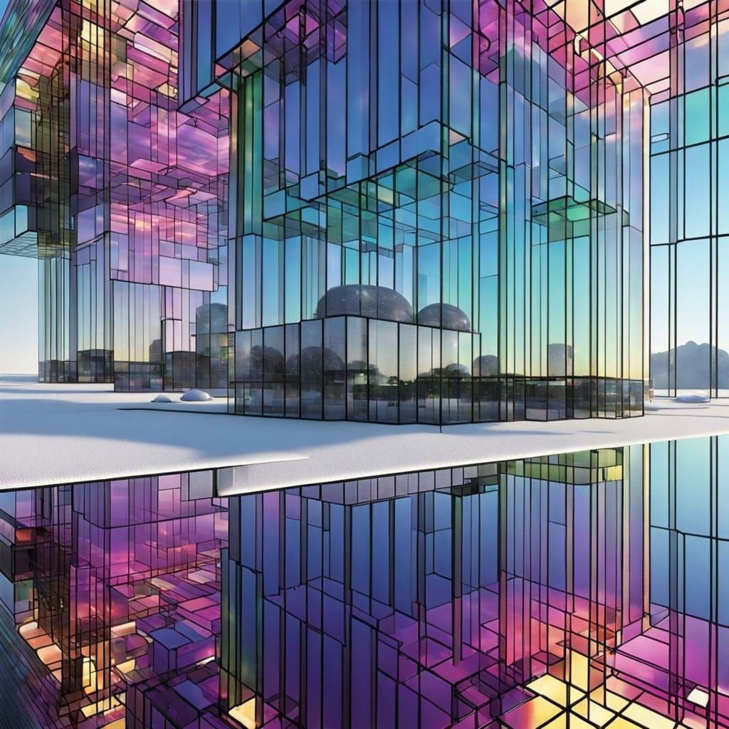 Surreal Iridescent Glass Cityscape on a Floating Island