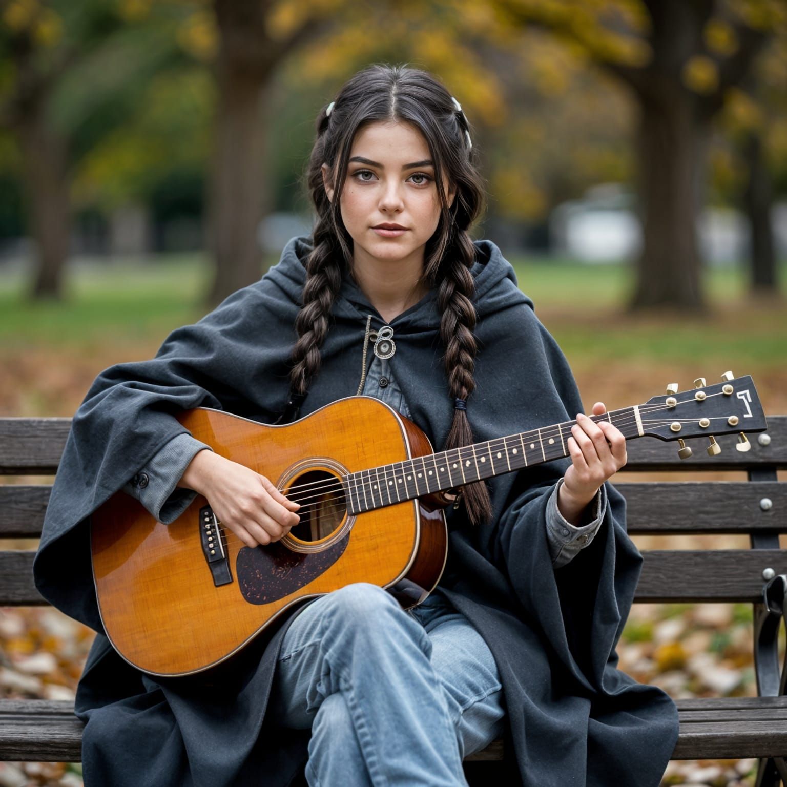 Girl with Guitar Poses on Bench