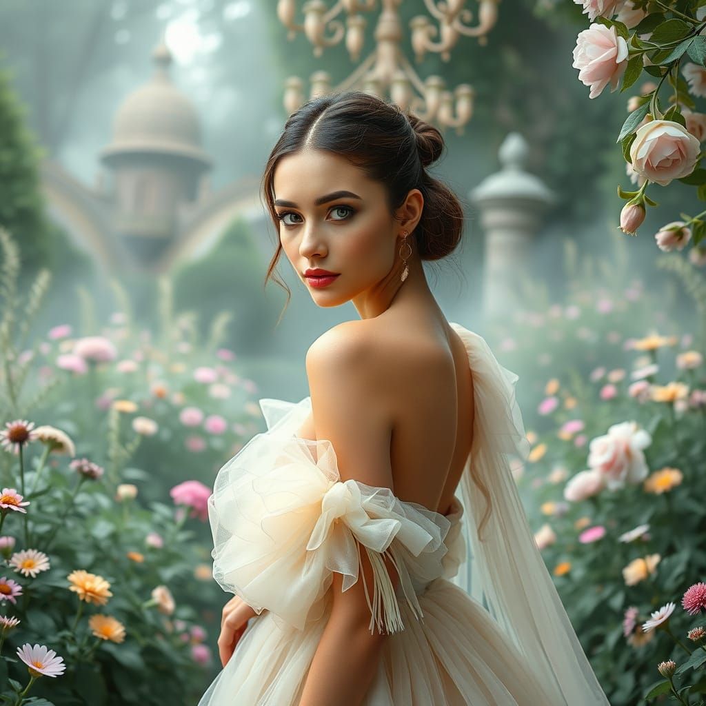 fashion photo, sinister-chic snazzy supermodel, looking to camera, wearing elegant french couture gown, forest green, cr...