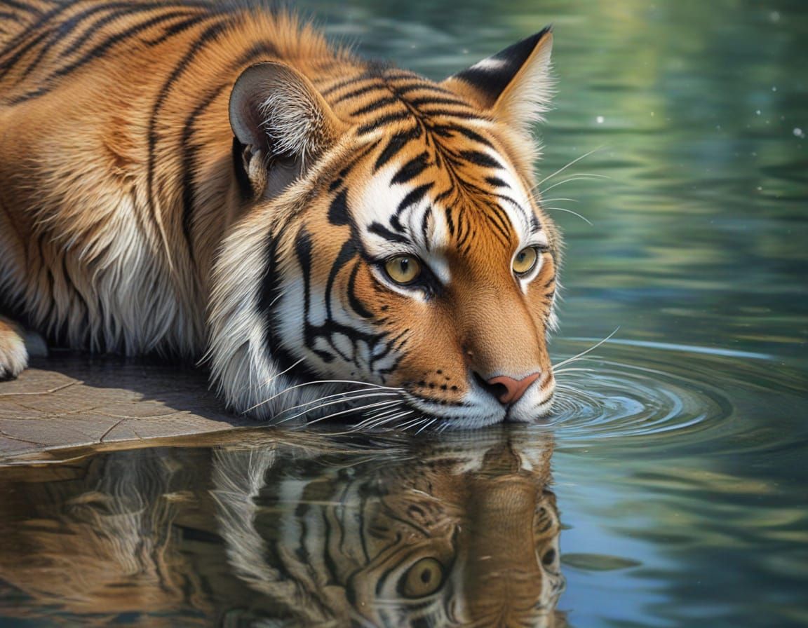 Tabby Cat Sees Tiger Reflection in Ethereal Watercolour