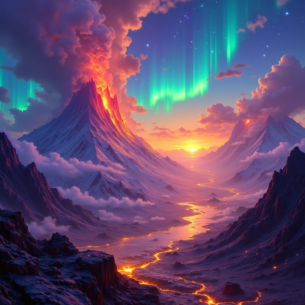 Volcanic Galactic City Under Aurora Sky Acrylic Art