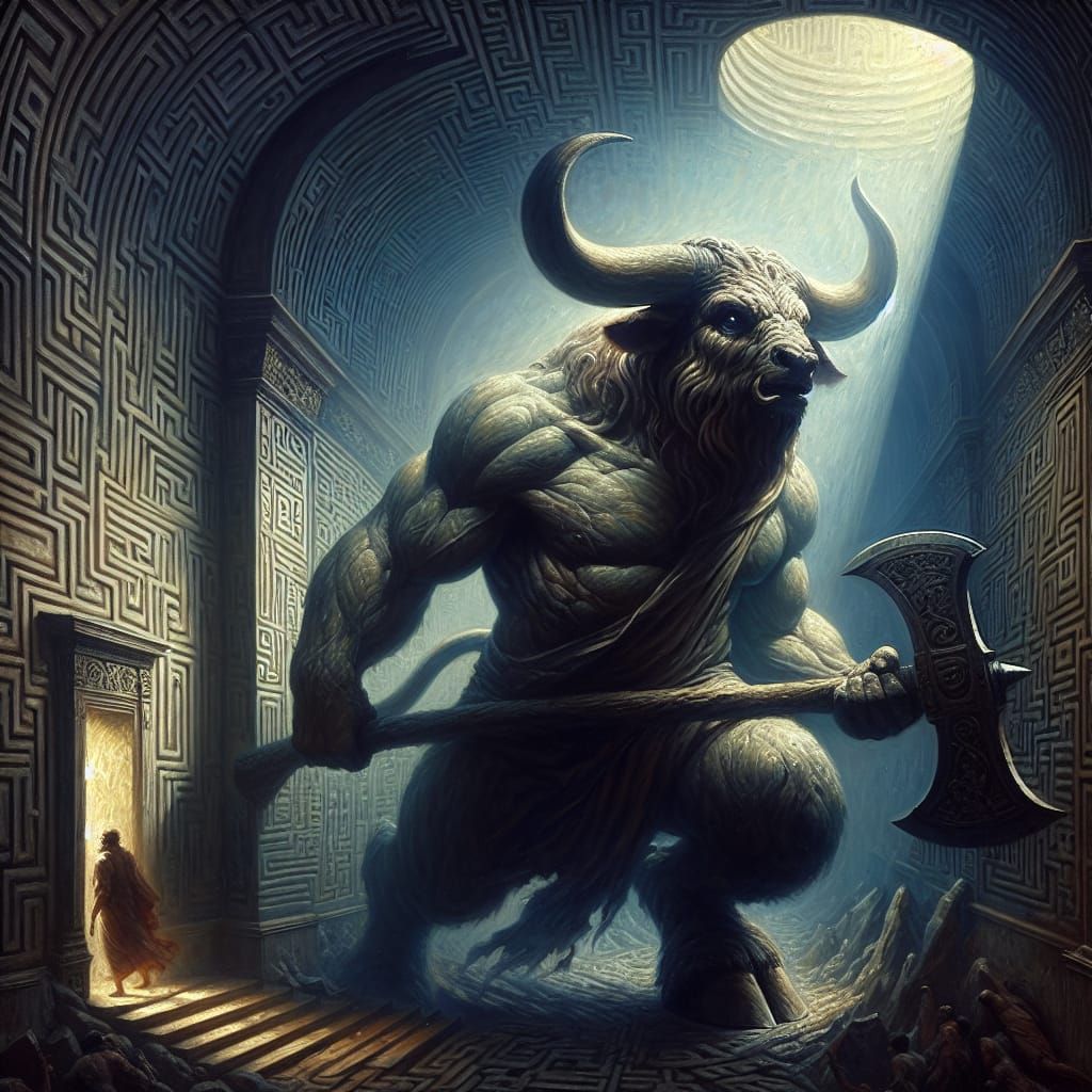 Tenebrist Minotaur Wields Battle Axe in Illuminated Labyrint...