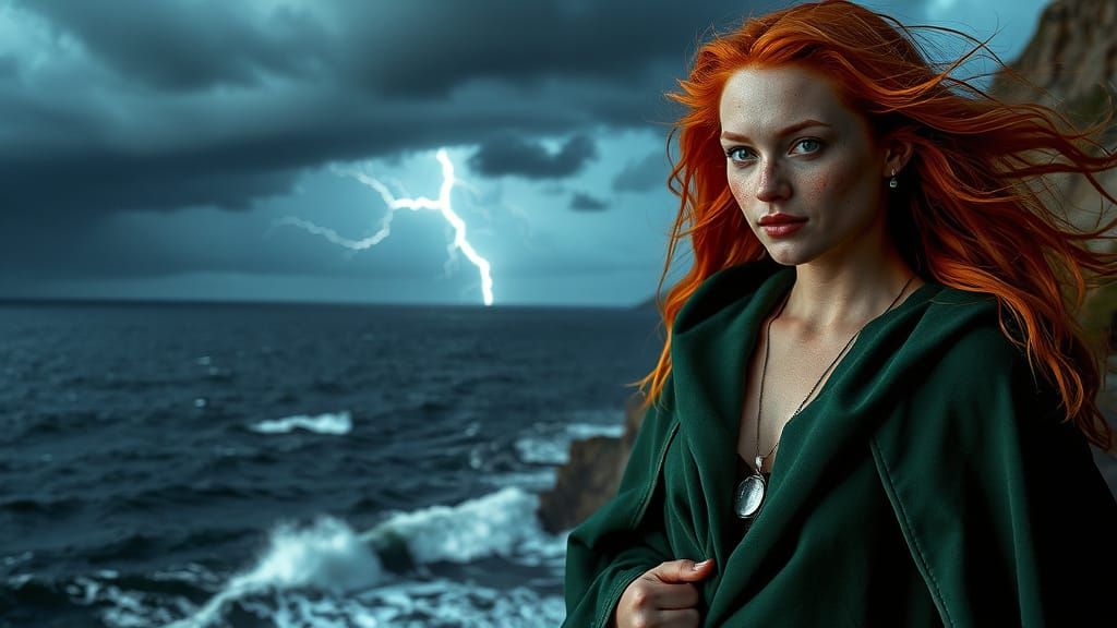 Redhead Woman on Windswept Cliff with Stormy Sky