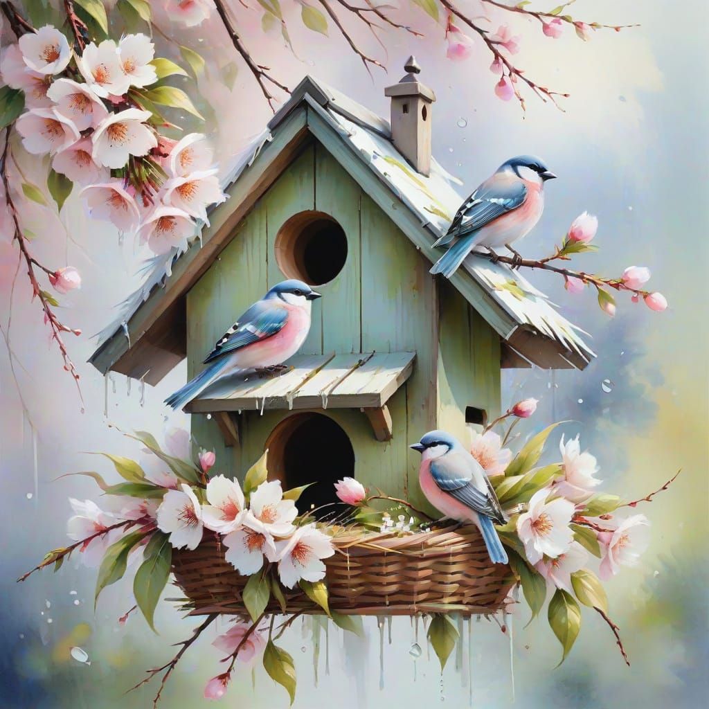 Birdhouse Scene in Gouache Style with Pastel Colors