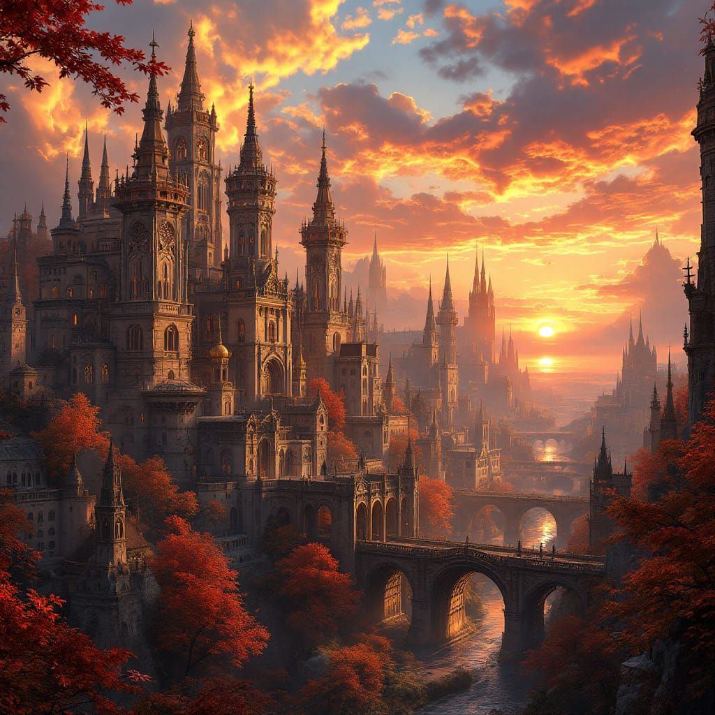 Mystical Cityscape at Sunset in Digital Matte Painting Style