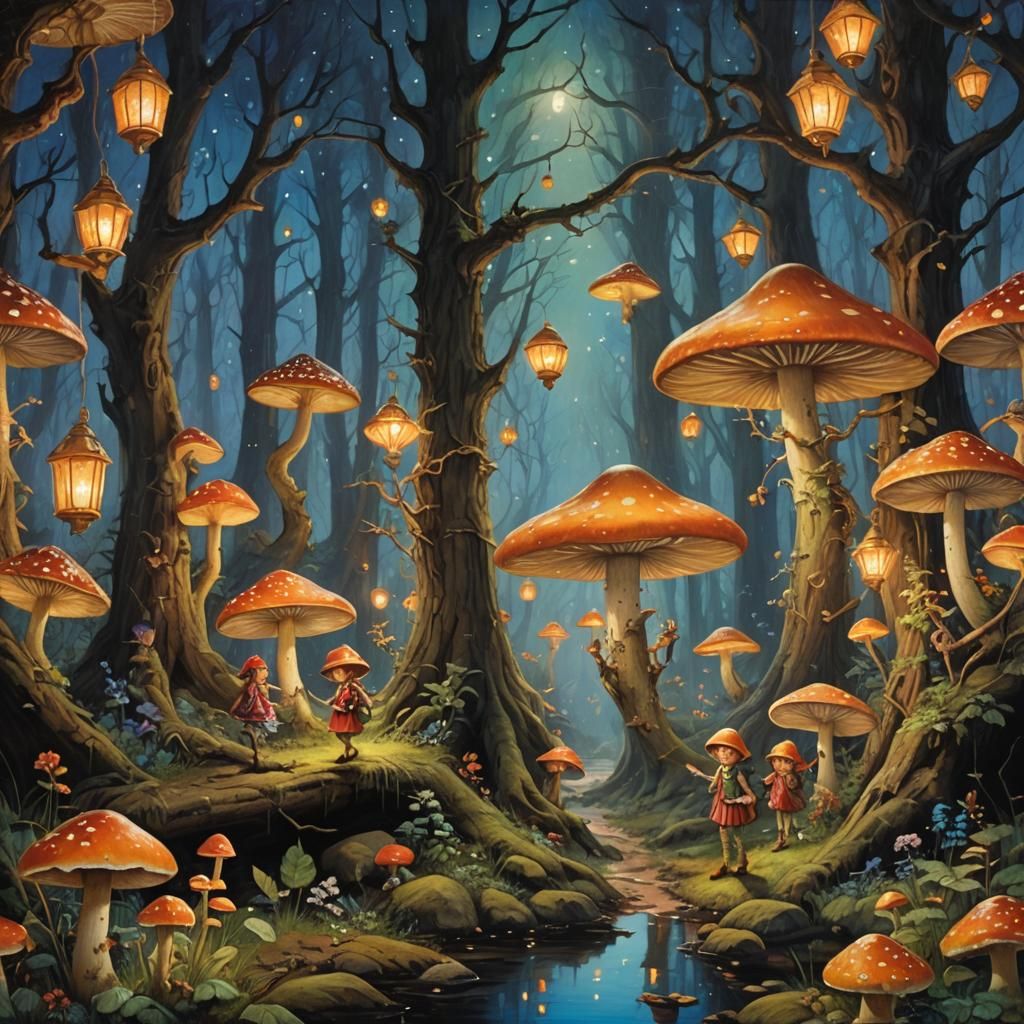 Whimsical Woodland Scene in Oil Painting Style