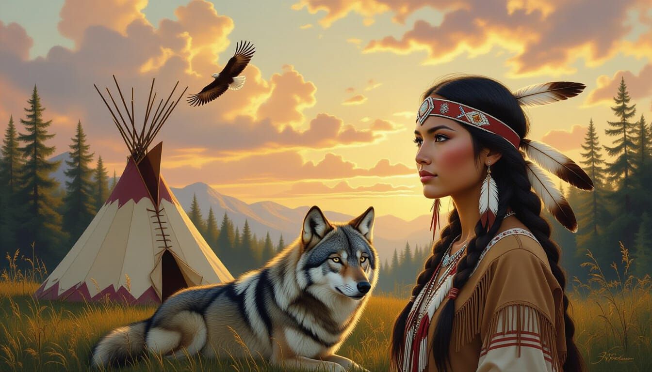Native American Woman and Wolf by Teepee in Forest