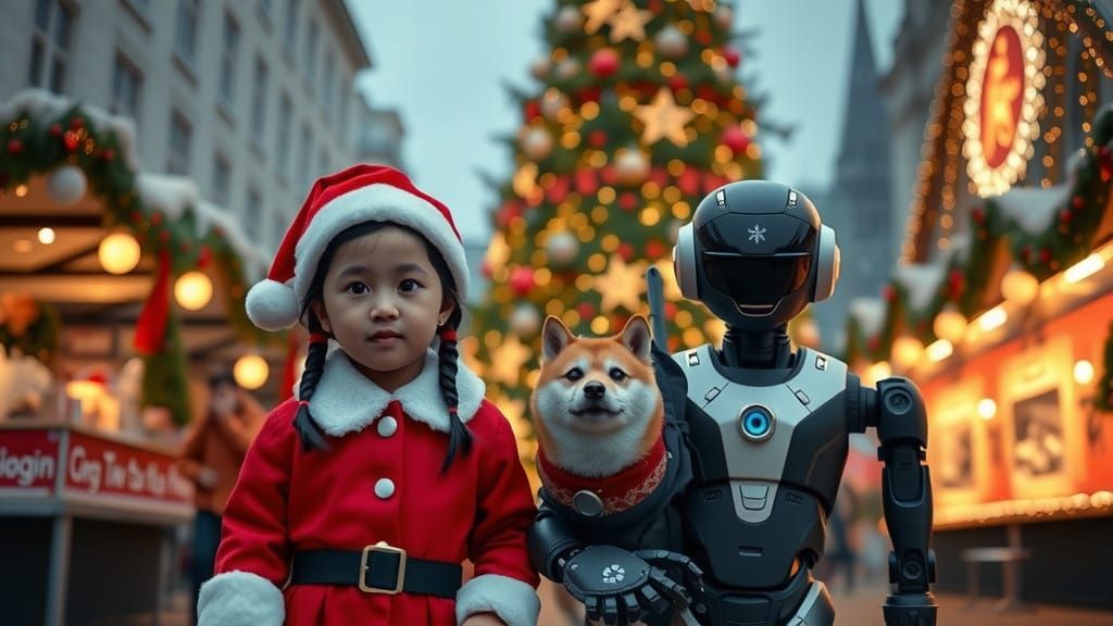 Joyful Christmas Scene with AI Robot and Twin-Braided Girl