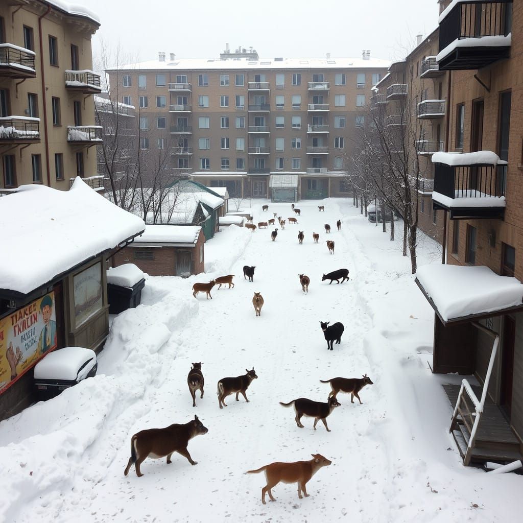 Snow-Covered Abandoned Cityscape with Roaming Wildlife