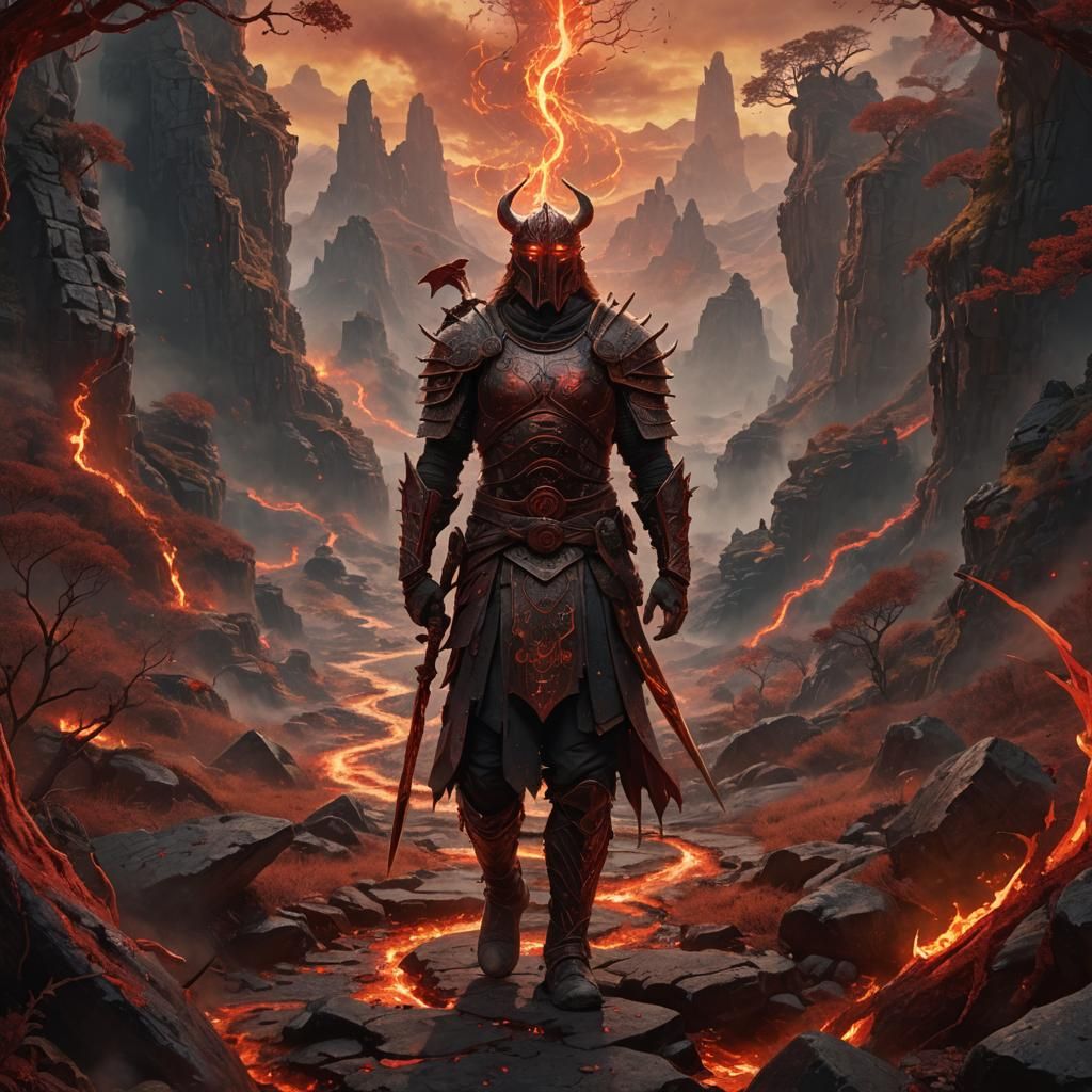 Warrior in Ancient Landscape with Glowing Runes