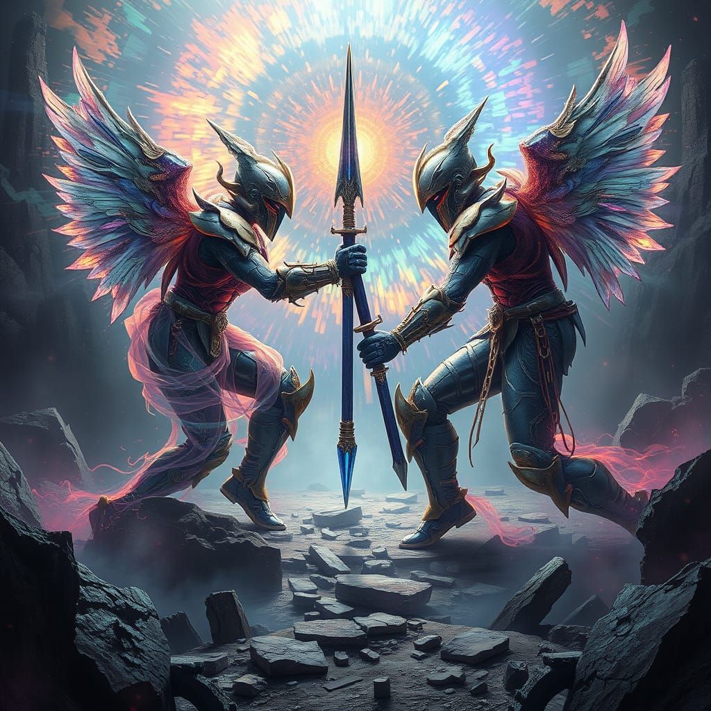 Epic Battle of Biomechanical Warriors in Surreal Landscape