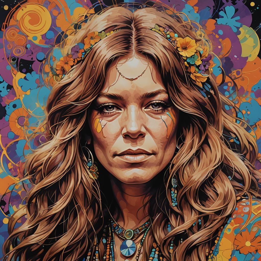 Janis Joplin Performance at Woodstock in Psychedelic Art