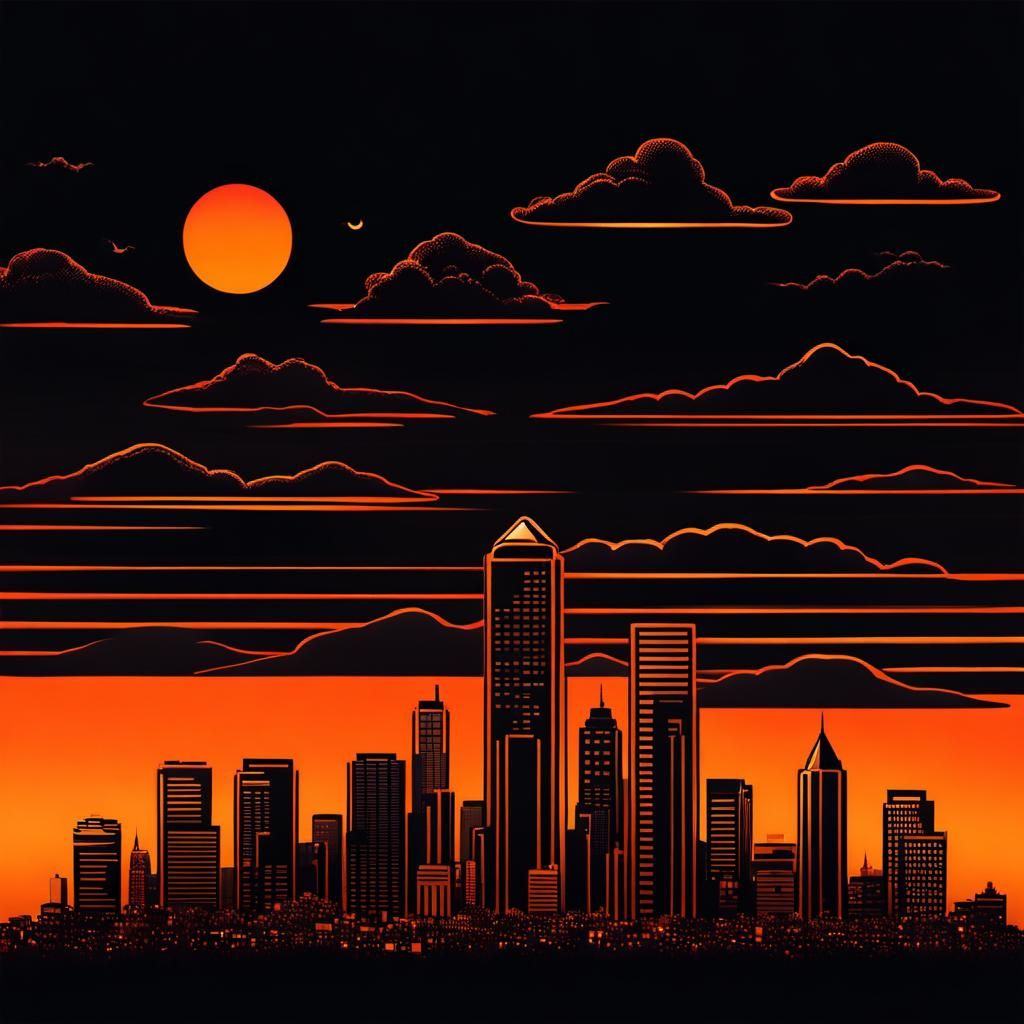 Cyberpunk Orange Sunset on a Darkened City Skyline