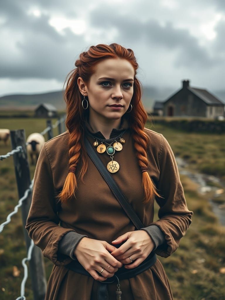 Welsh Woman Portrait on Moorland with Celtic Jewelry