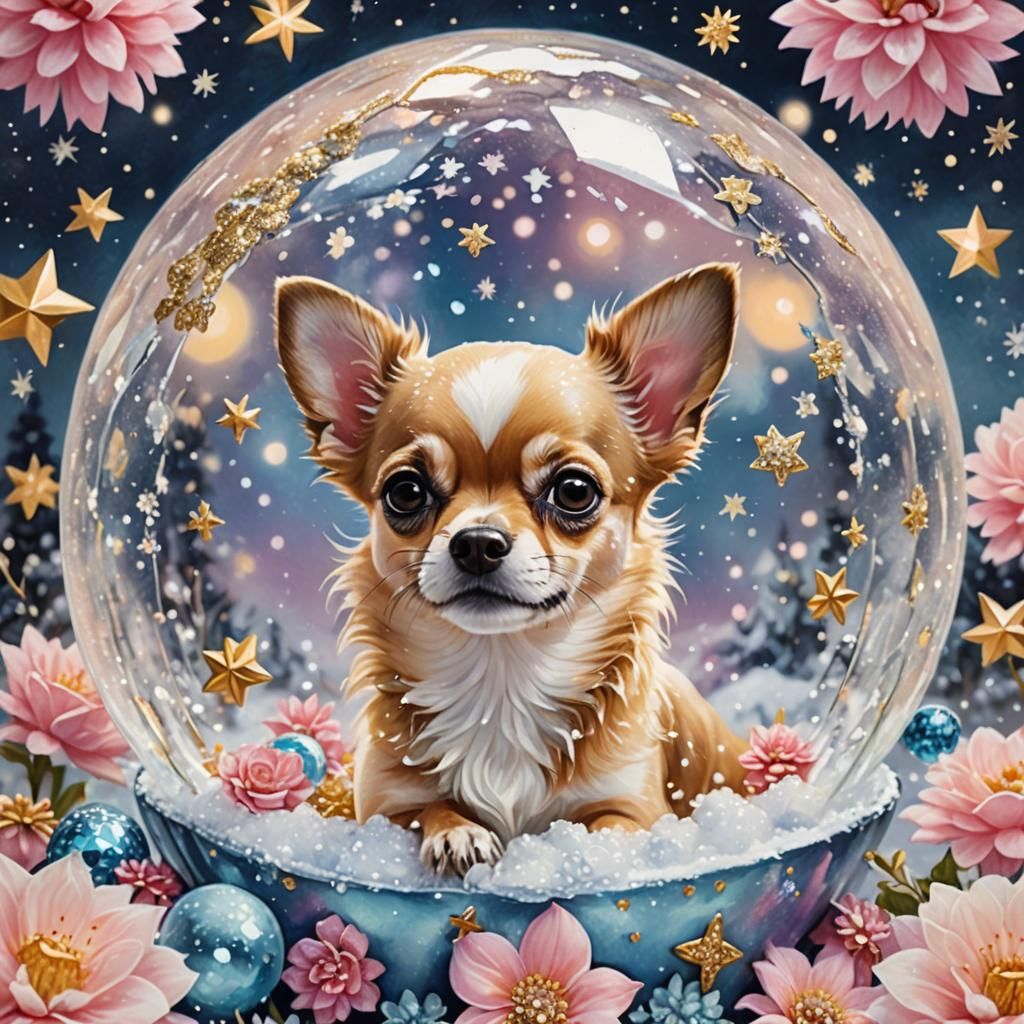 Chihuahua in Snowball with Hearts and Flowers