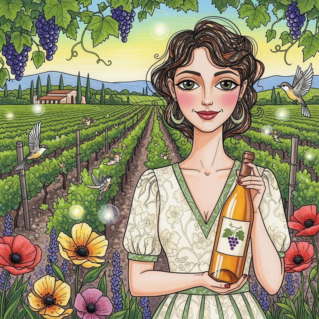 Elegant Woman in Vineyard Holding Wine Bottle