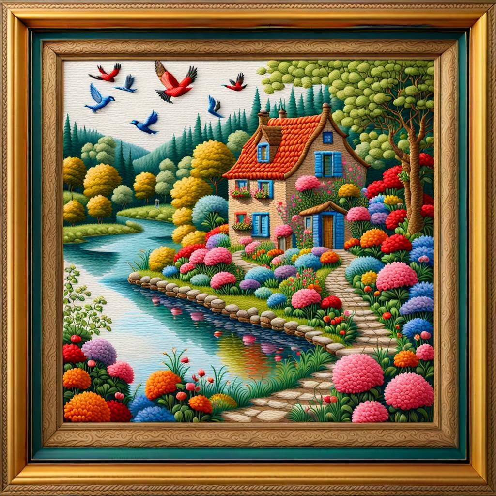 Maximalist Embroidery of House by River in Frame
