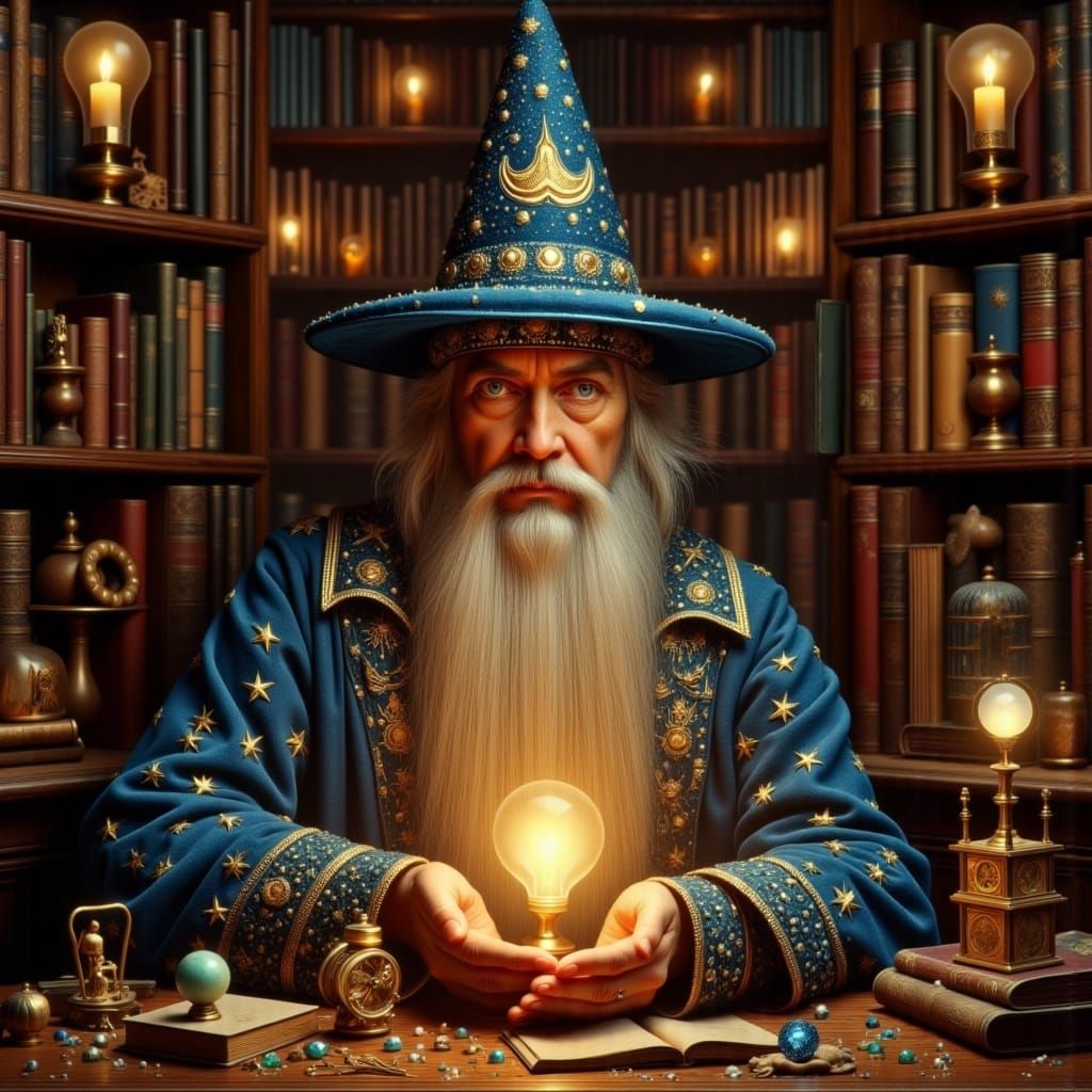 Cyberpunk Wizard in Whimsical Study