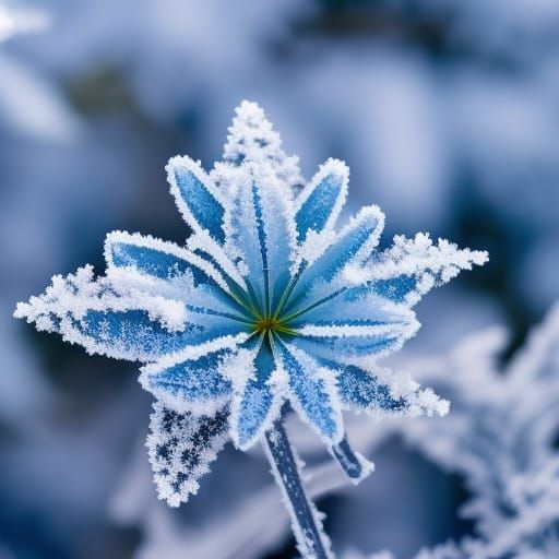 Frozen Blue Flower in Winter Landscape