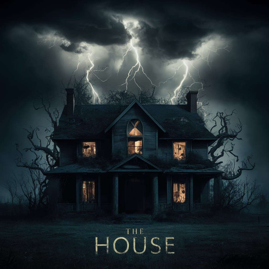 A spine-chilling horror movie poster for "The House," depict...