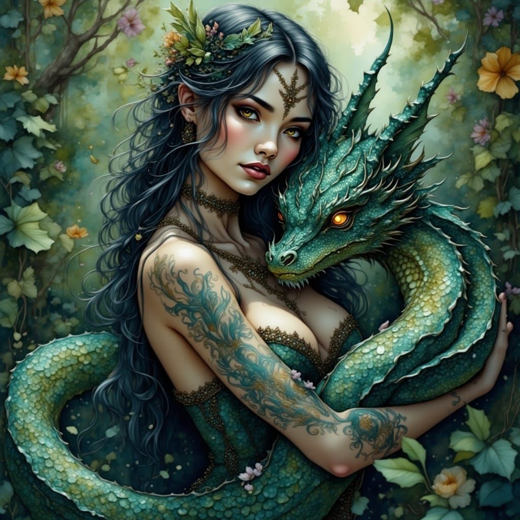 Mystical Forest: Woman and Emerald Serpent in Watercolor