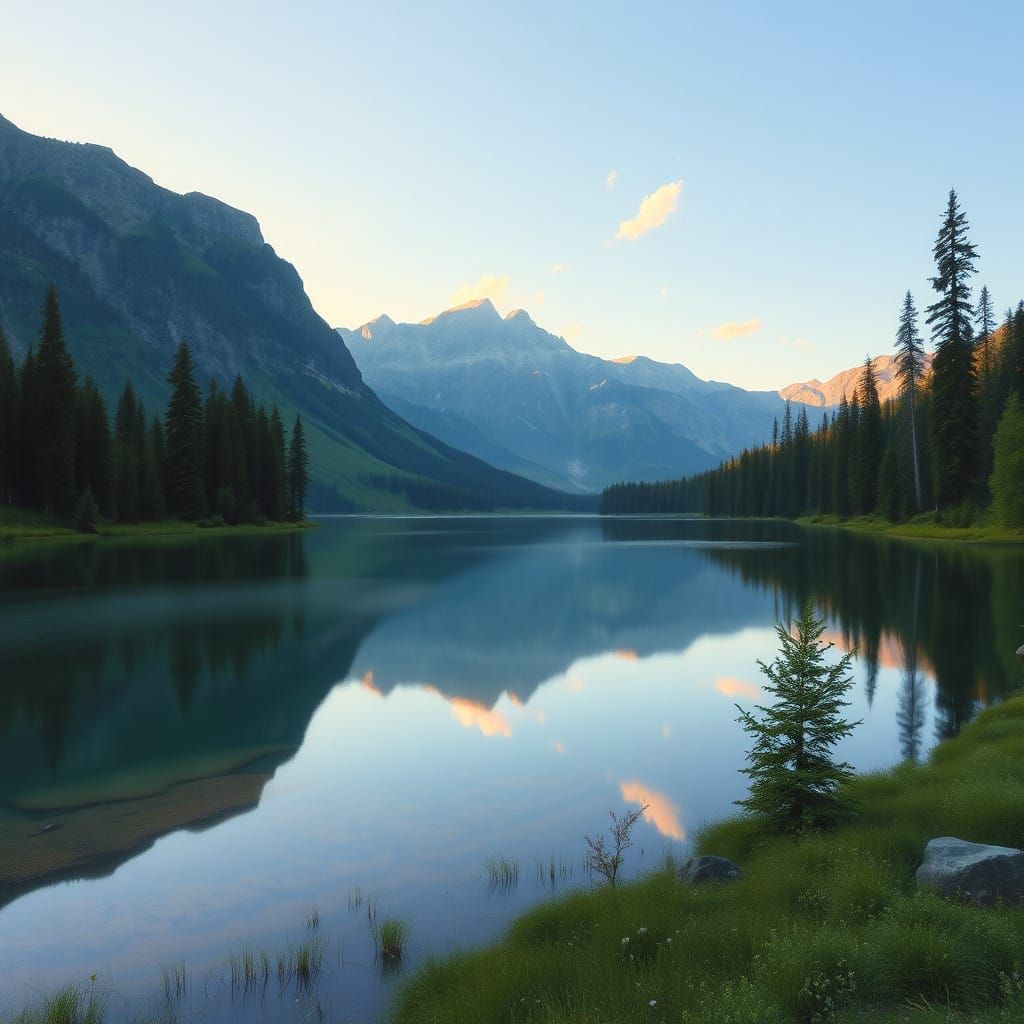 Serene Mountain Lake Landscape in a Whimsical Artistic Style