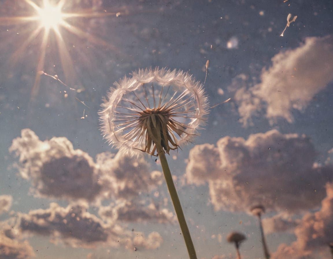 Surreal Dandelion Seed Drifts Across Vibrant Skies in Soft F...