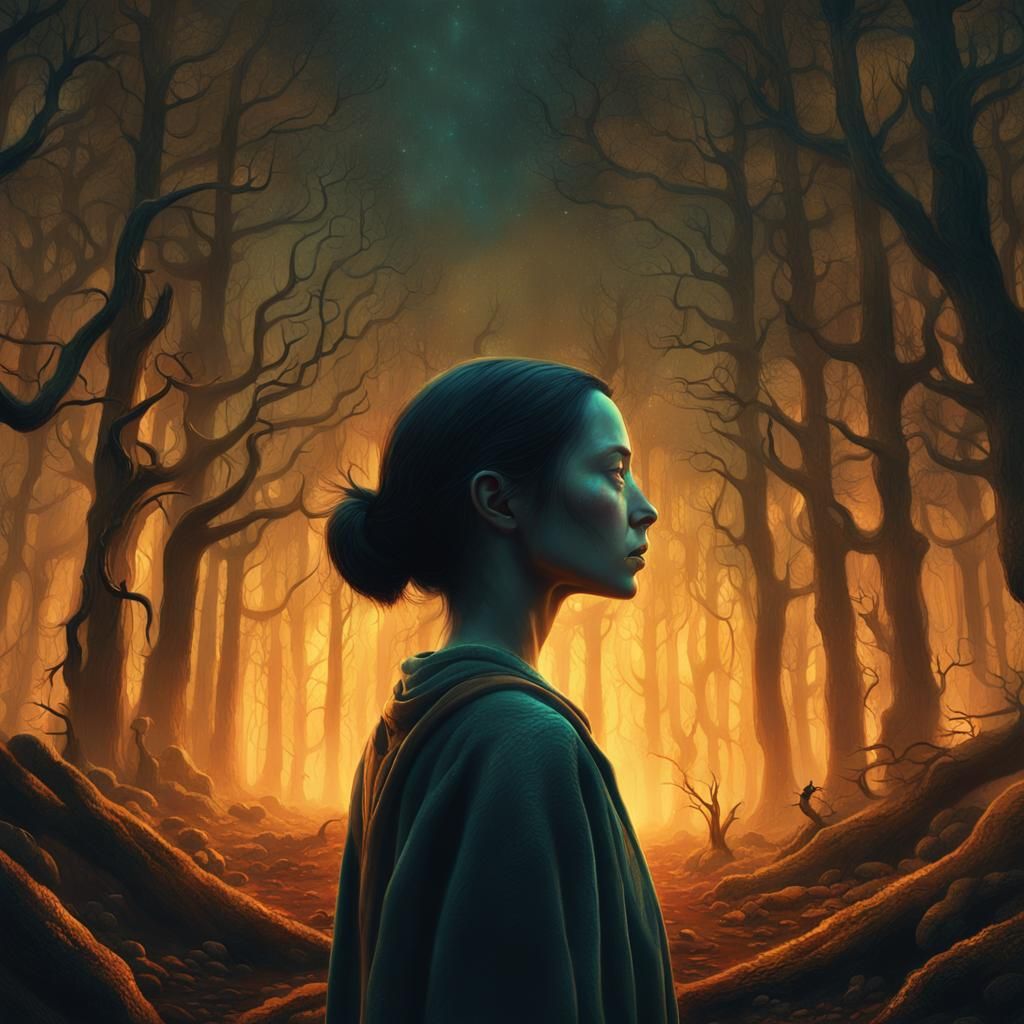 Mystical Woman in Forest with Golden Light