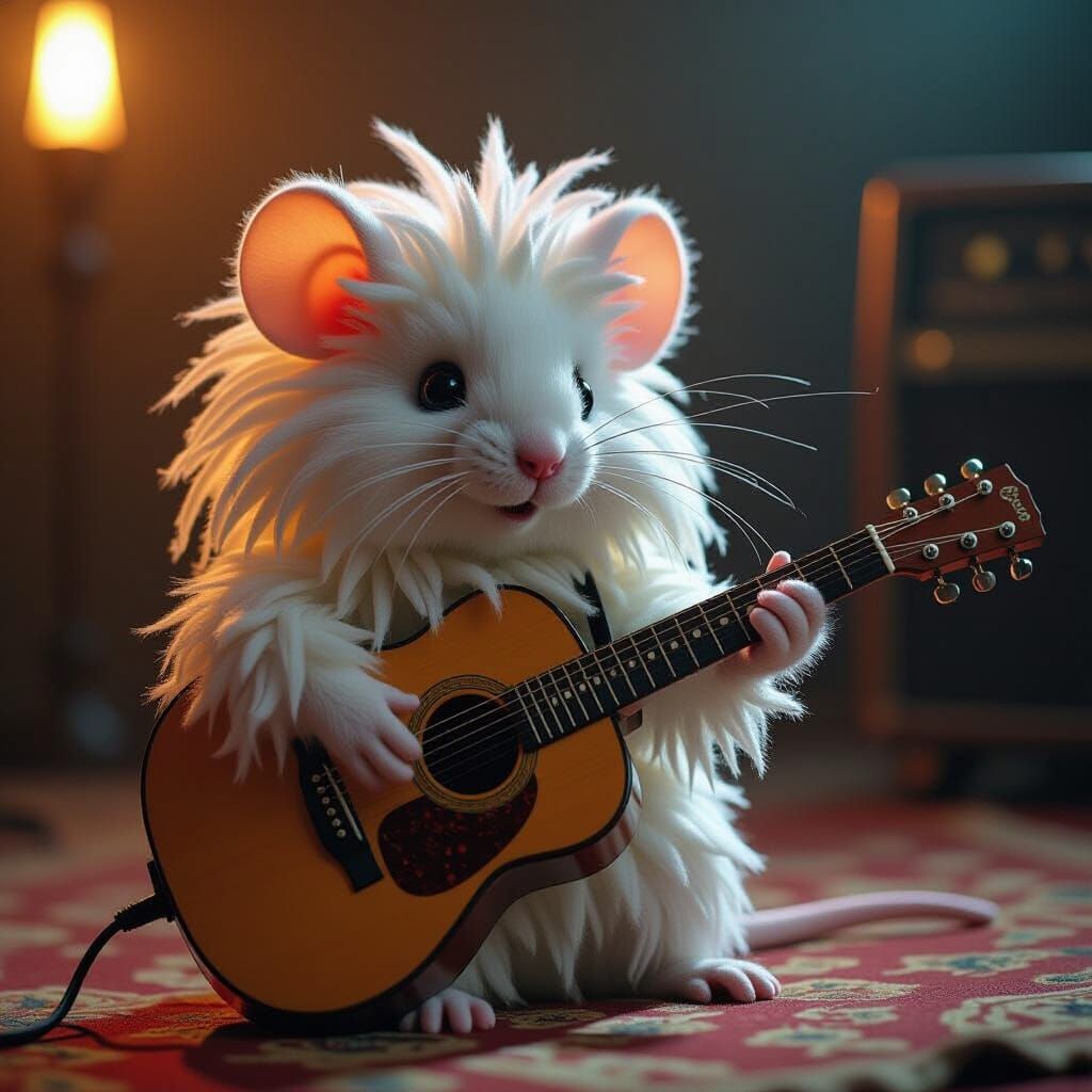 Fluffy Mouse with Dreadlocks Plays Guitar